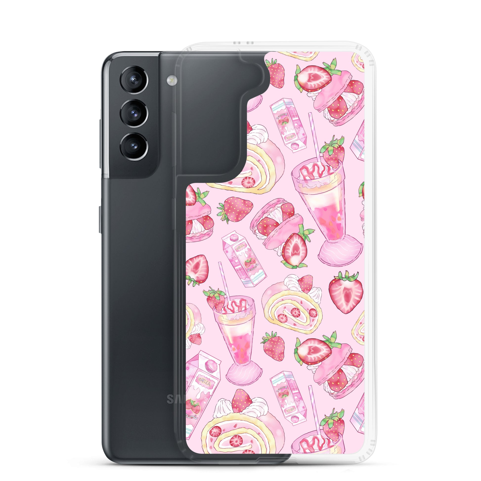 Vibrant Strawberry Samsung® Clear Case showcasing a pink dessert pattern for stylish phone protection.