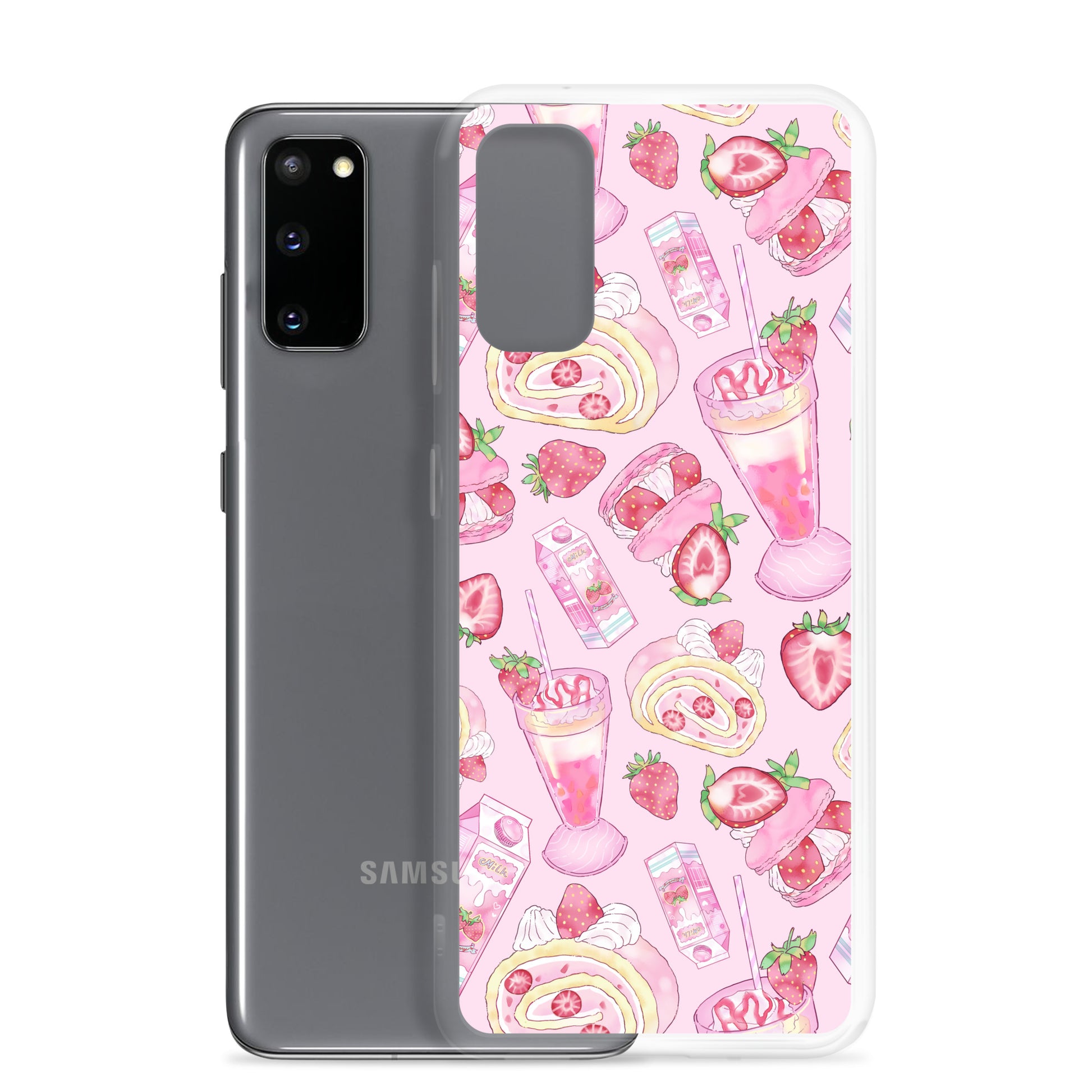 Stylish Strawberry Samsung® Clear Case featuring delightful dessert designs, perfect for protecting your phone.