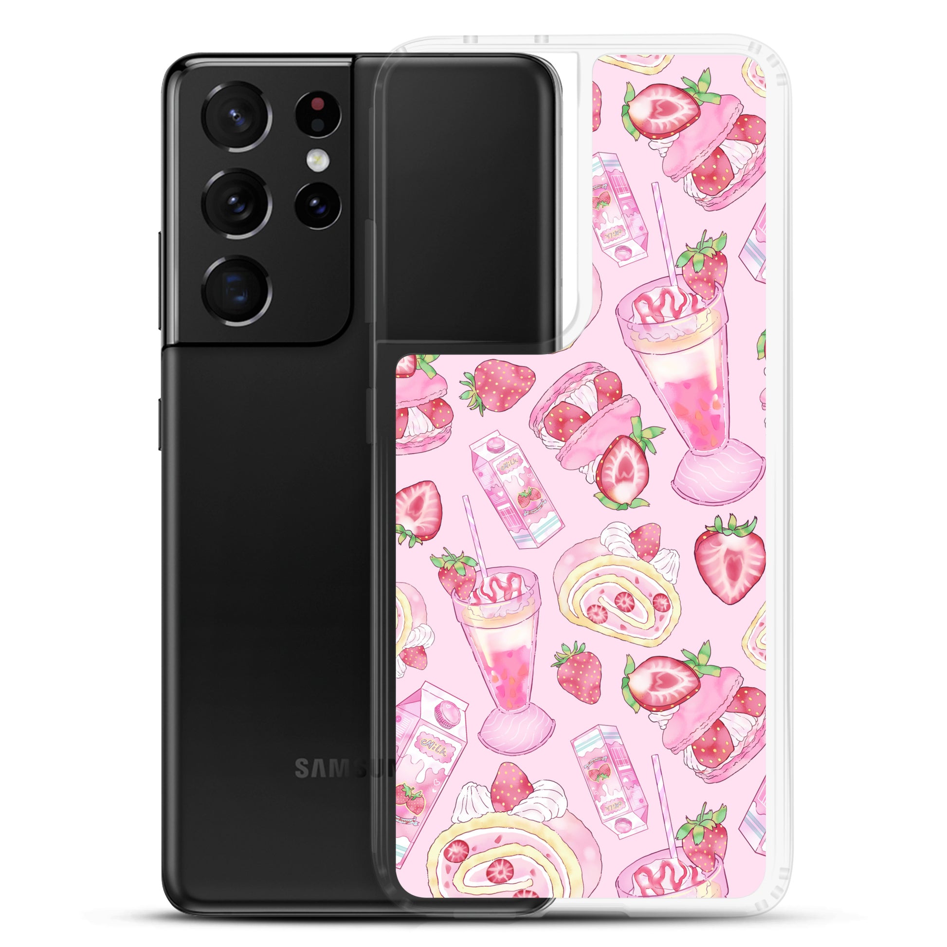 Stylish Strawberry Samsung® Clear Case featuring a pink dessert pattern, perfect for protecting your phone.