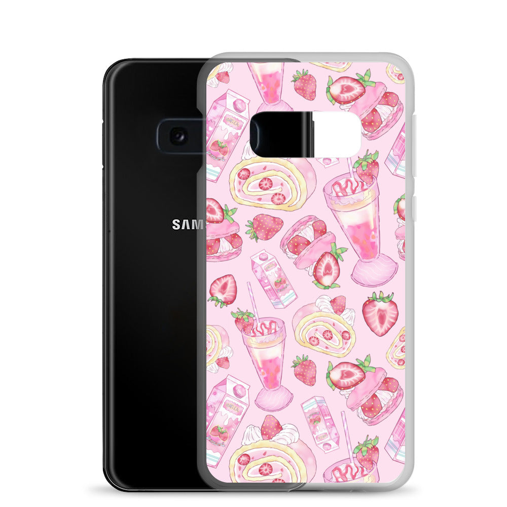 Stylish Strawberry Samsung® Clear Case featuring a pink dessert pattern for ultimate phone protection and aesthetic appeal.