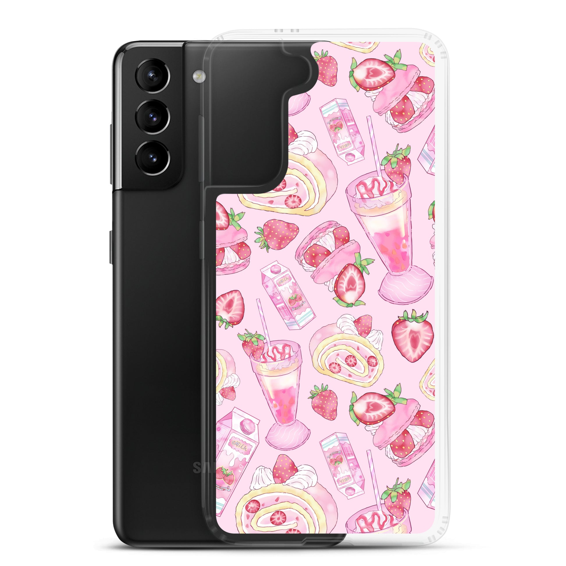 Stylish Strawberry Samsung® Clear Case featuring dessert designs, perfect for protecting your phone in style.