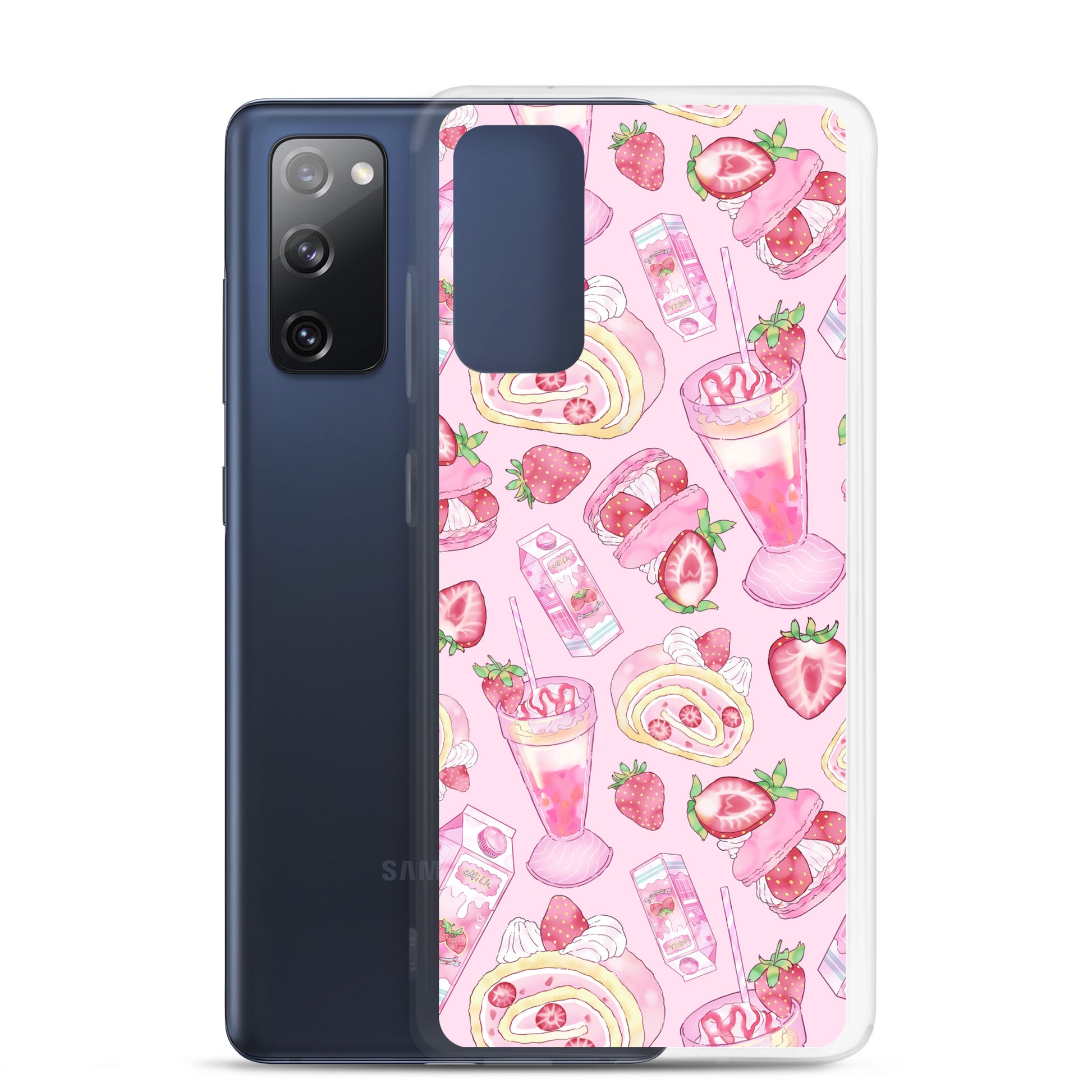 Protect your phone stylishly with the Strawberry Samsung® Clear Case featuring a vibrant dessert design.