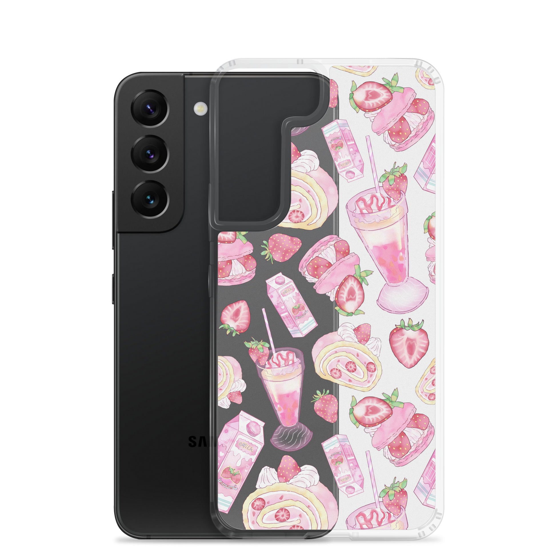 Stylish Strawberry Samsung® Clear Case featuring dessert designs, perfect for sleek protection and aesthetic appeal.