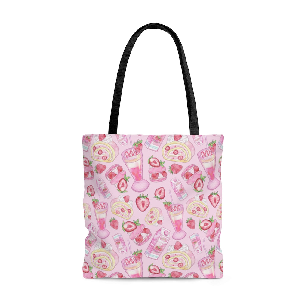 Stylish Strawberry Tote Bag (Pink) features vibrant fruit patterns, perfect for beach days or grocery trips.