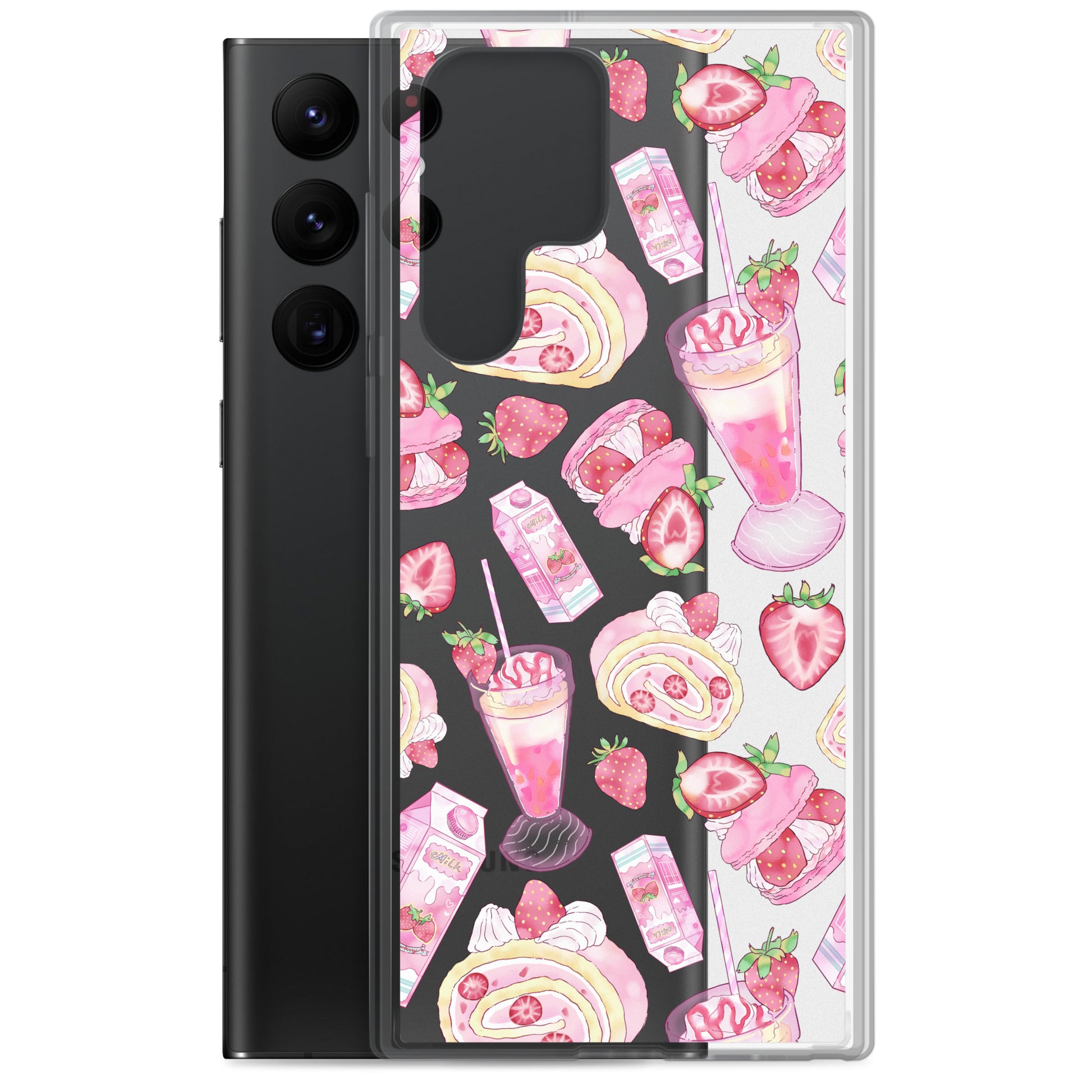 Stylish Strawberry Samsung® Clear Case featuring dessert designs for ultimate phone protection and aesthetic appeal.