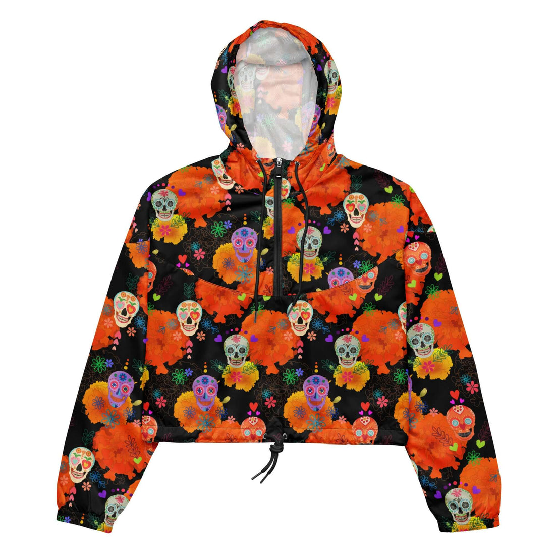 Bright and stylish Sugar Skull cropped windbreaker, perfect for adventures with waterproof design and adjustable features.