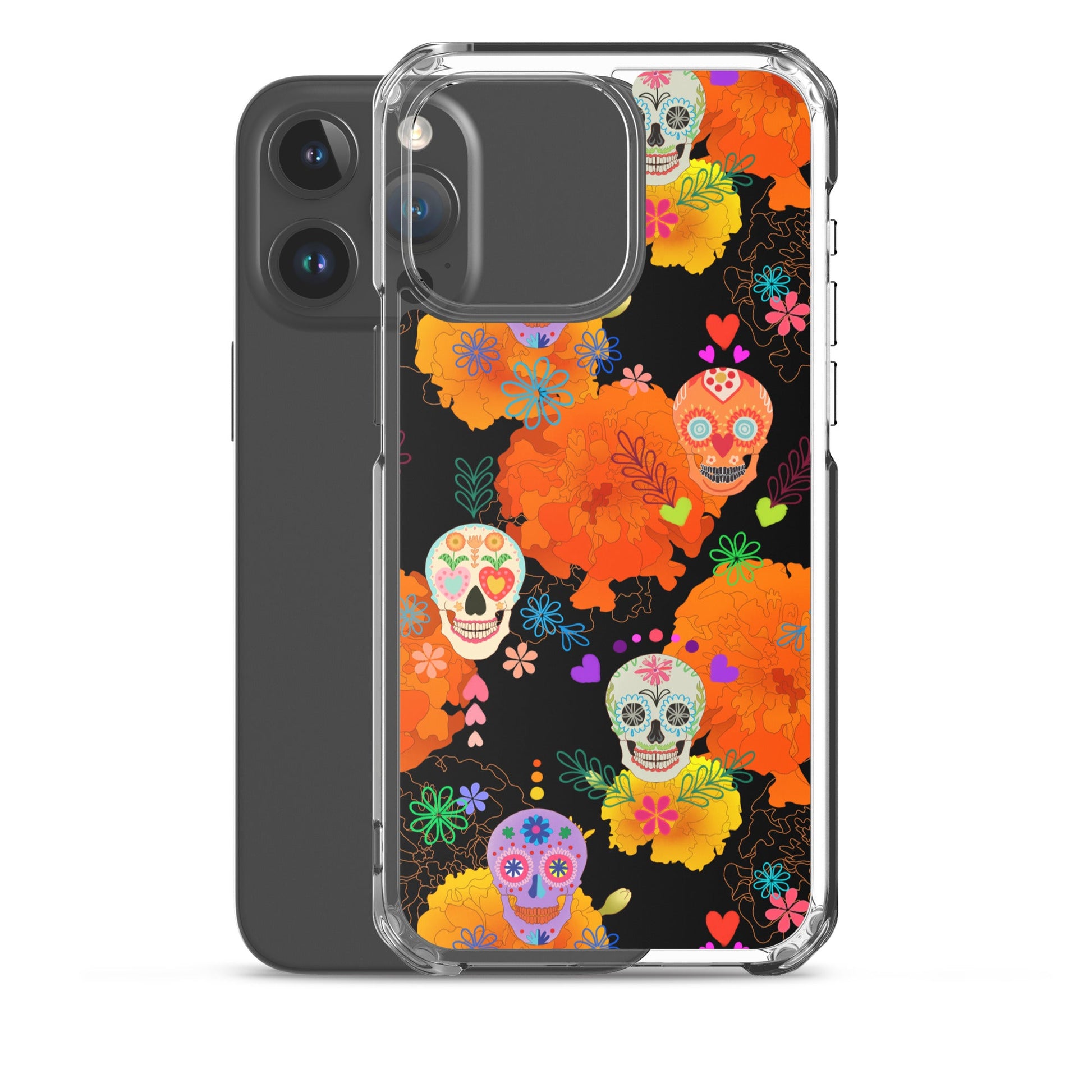 Vibrant Sugar Skull iPhone® Clear Case with flexible sides, protecting against scratches and dirt, perfect for style.