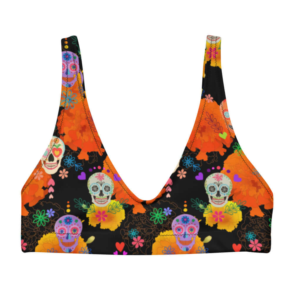 Vibrant Sugar Skull Padded Bikini Top perfect for festive occasions, featuring removable pads for comfort and style.