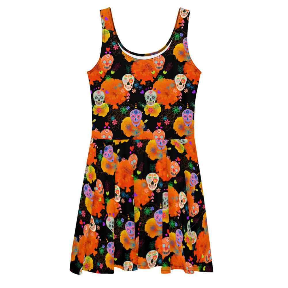 Vibrant Sugar Skull Skater Dress featuring colorful skulls and flowers, perfect for fun days in the sun.