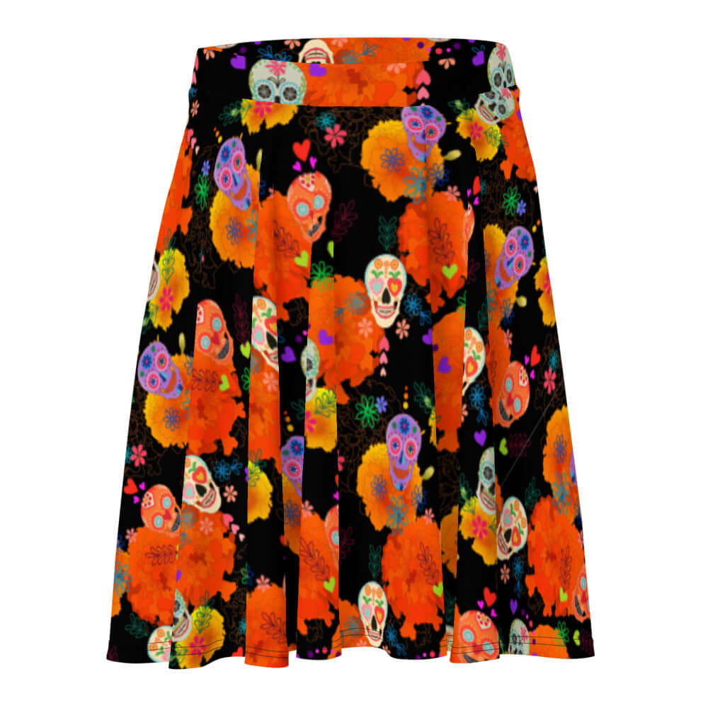Colorful Sugar Skull Skater Skirt featuring vibrant patterns, perfect for festive occasions and self-expression.