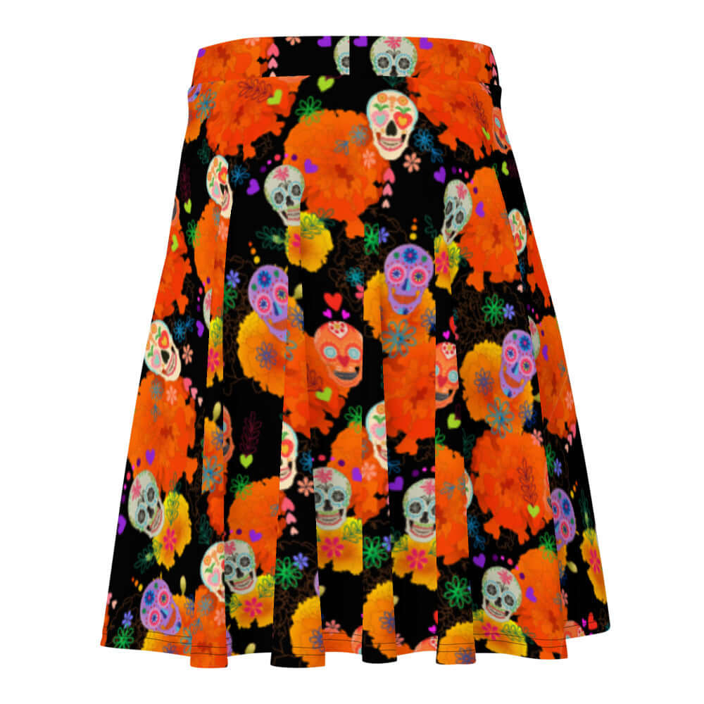Bright and colorful Sugar Skull Skater Skirt, perfect for festive occasions and self-expression. Flattering for all body types.