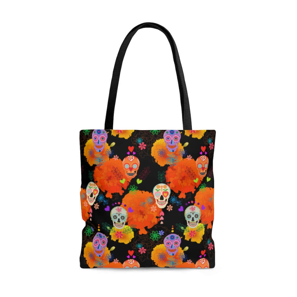 Vibrant Sugar Skull Tote Bag featuring colorful patterns, perfect for sunny days and everyday use.