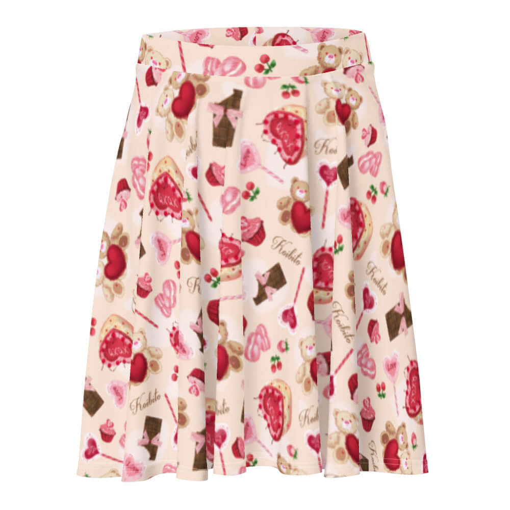 The Sugar Sweetheart Skater Skirt features a fun candy print, perfect for adding a playful touch to any outfit.