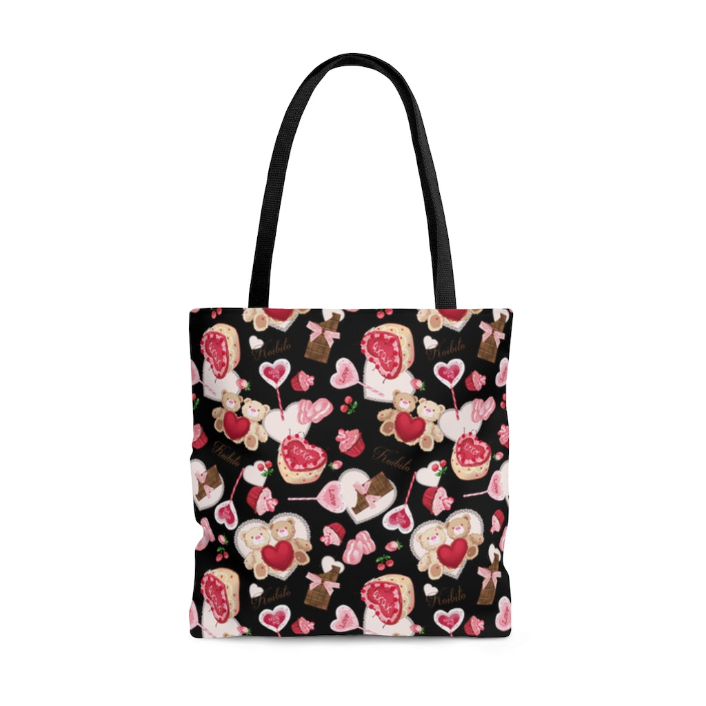 Cute and practical, the Sugar Sweetheart Tote Bag (Black) is perfect for Valentine's Day adventures with durable straps.