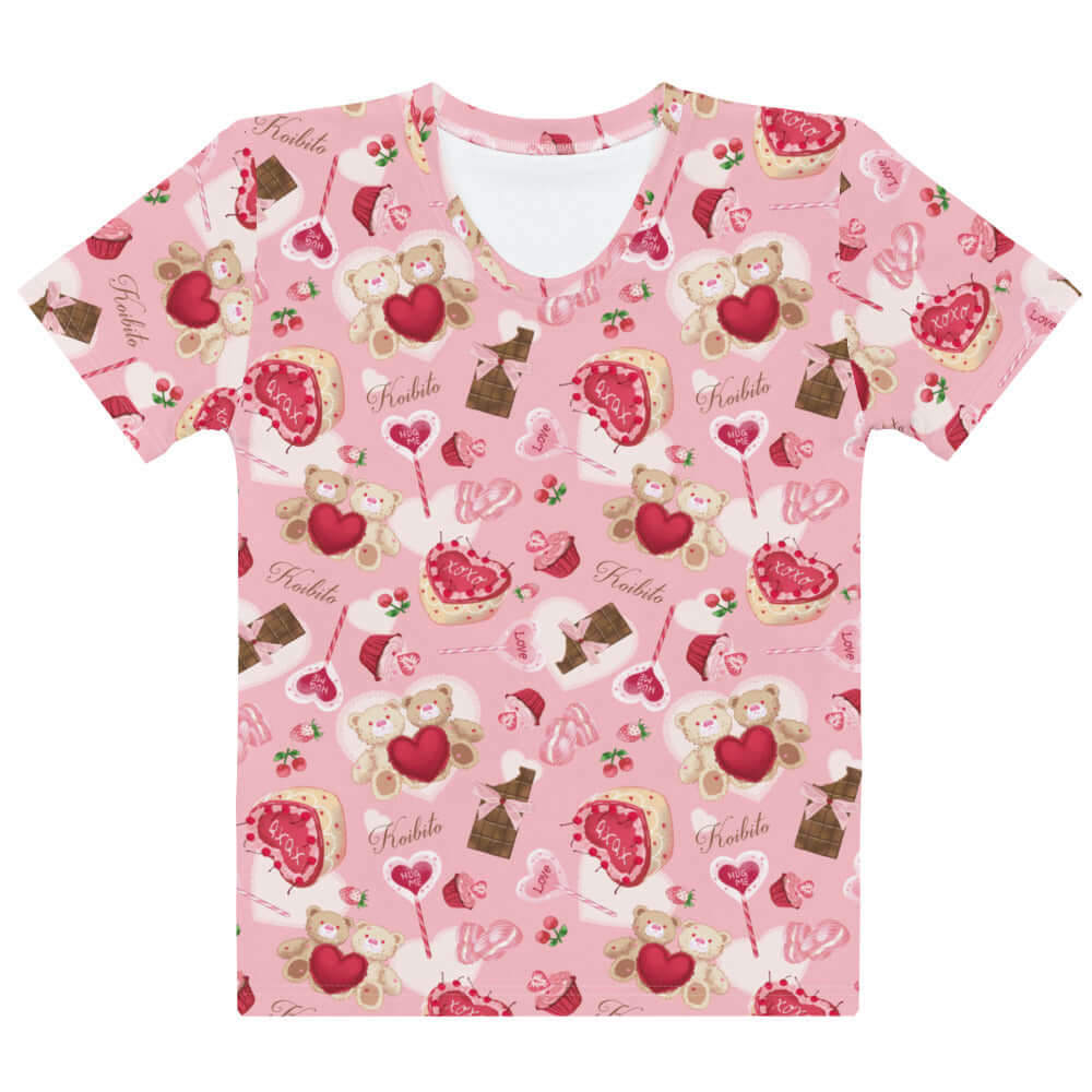 Cute pink Sugar Sweetheart T-shirt featuring a fun candy and treat print, perfect for a sweet, stylish look.