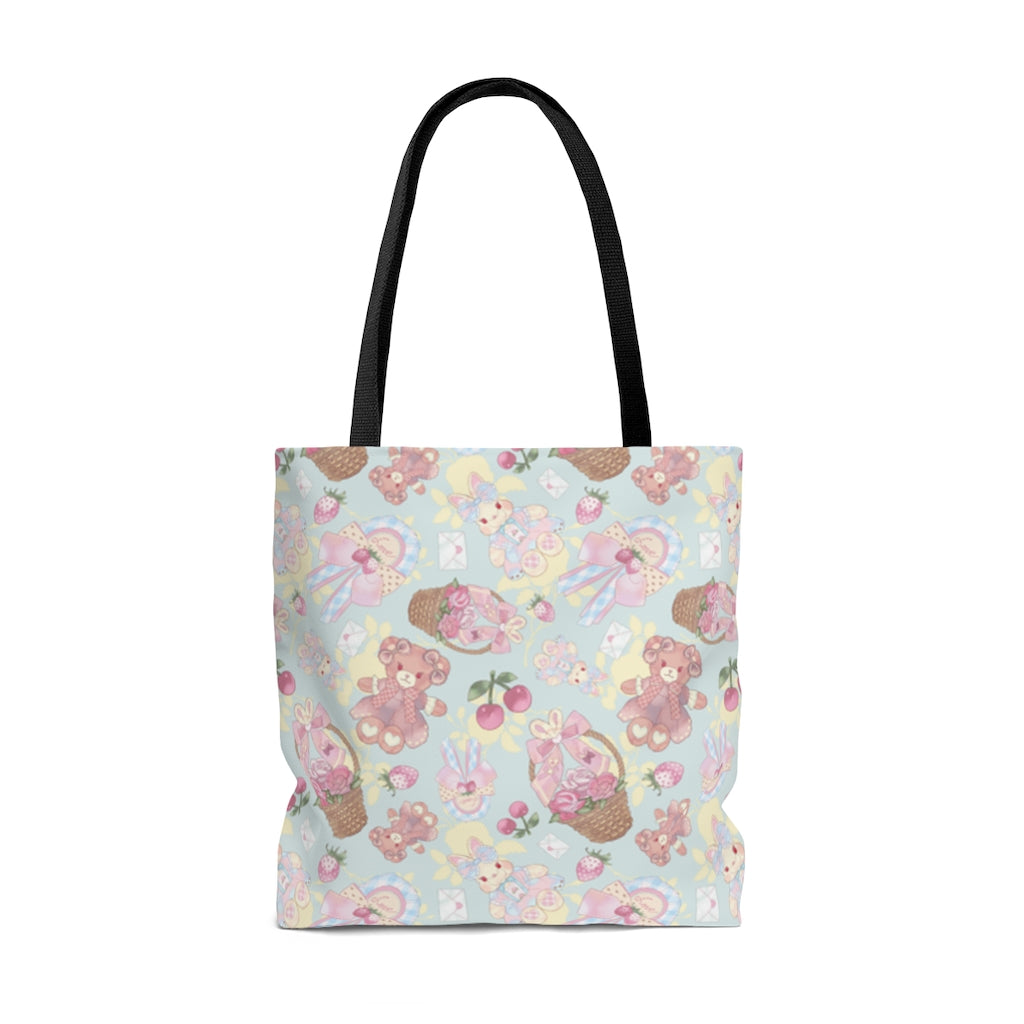 Pastel-patterned Sweet Teddy Tote Bag (Blue) features cute bears and flowers, perfect for everyday use.