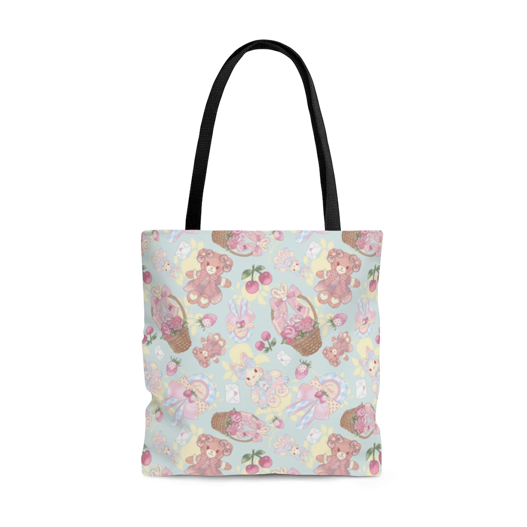 Charming Sweet Teddy Tote Bag (Blue) features pastel colors and cute teddy designs, perfect for any outfit.