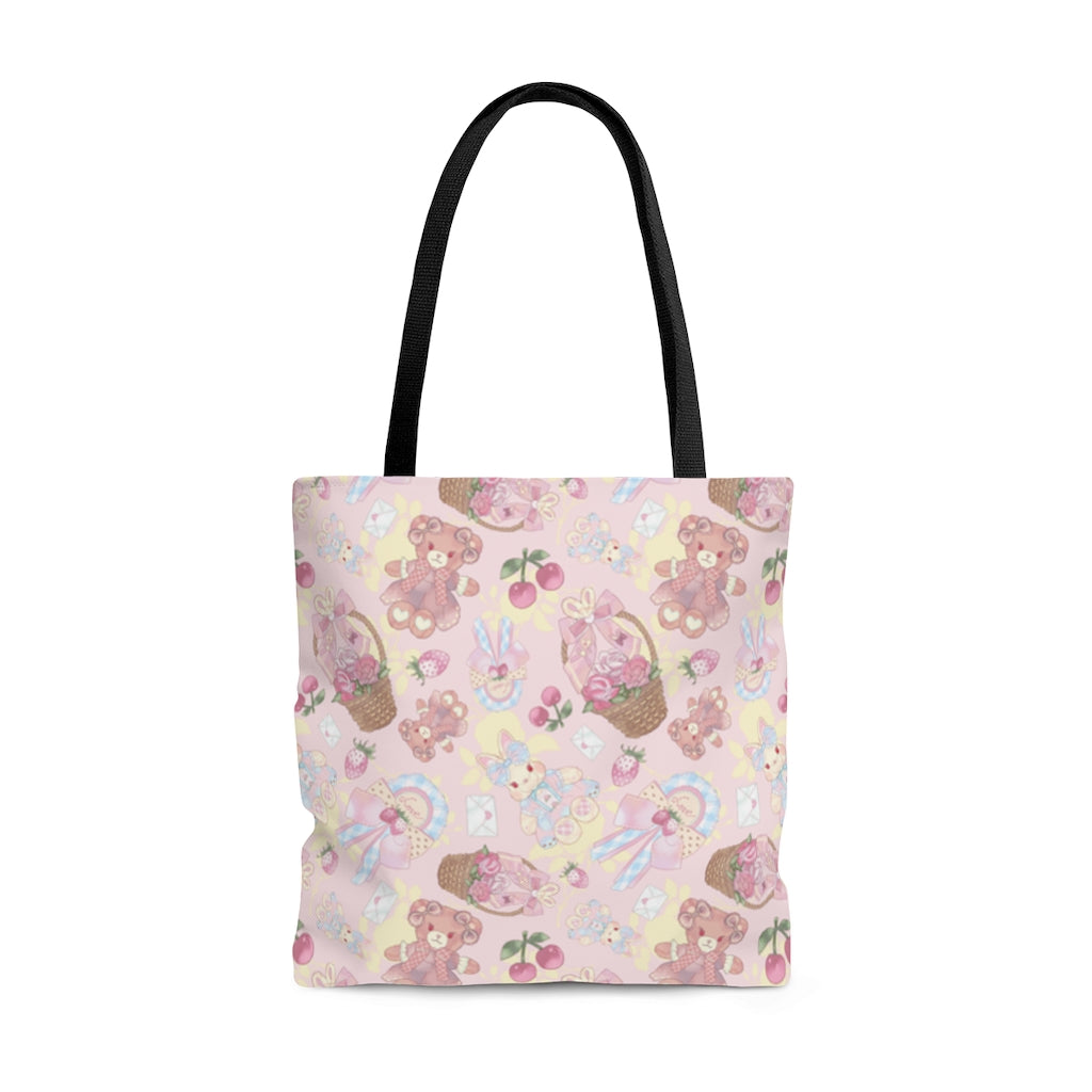 Pastel-patterned Sweet Teddy Tote Bag (Pink) with durable straps, perfect for everyday use at the gym or beach.