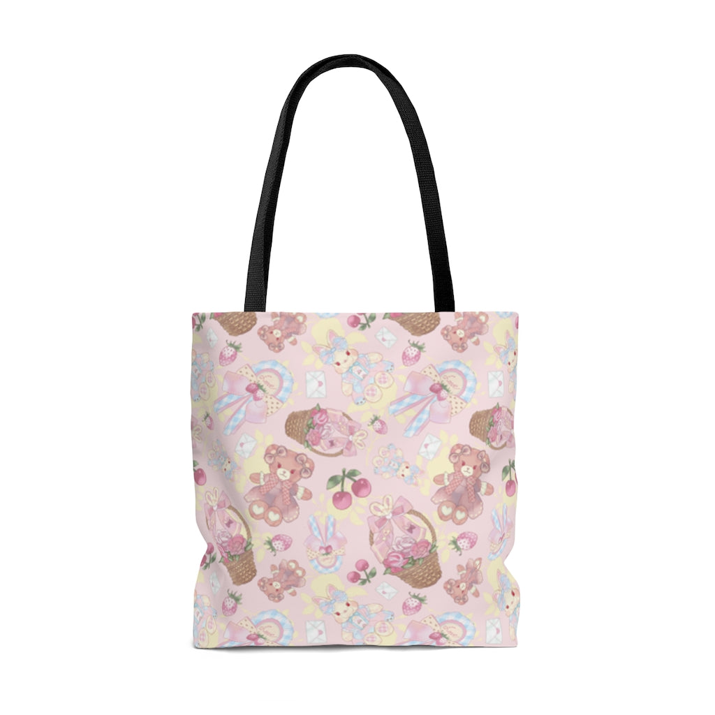 Cute and versatile Sweet Teddy Tote Bag (Pink) with pastel colors and durable cotton straps, perfect for any outing.