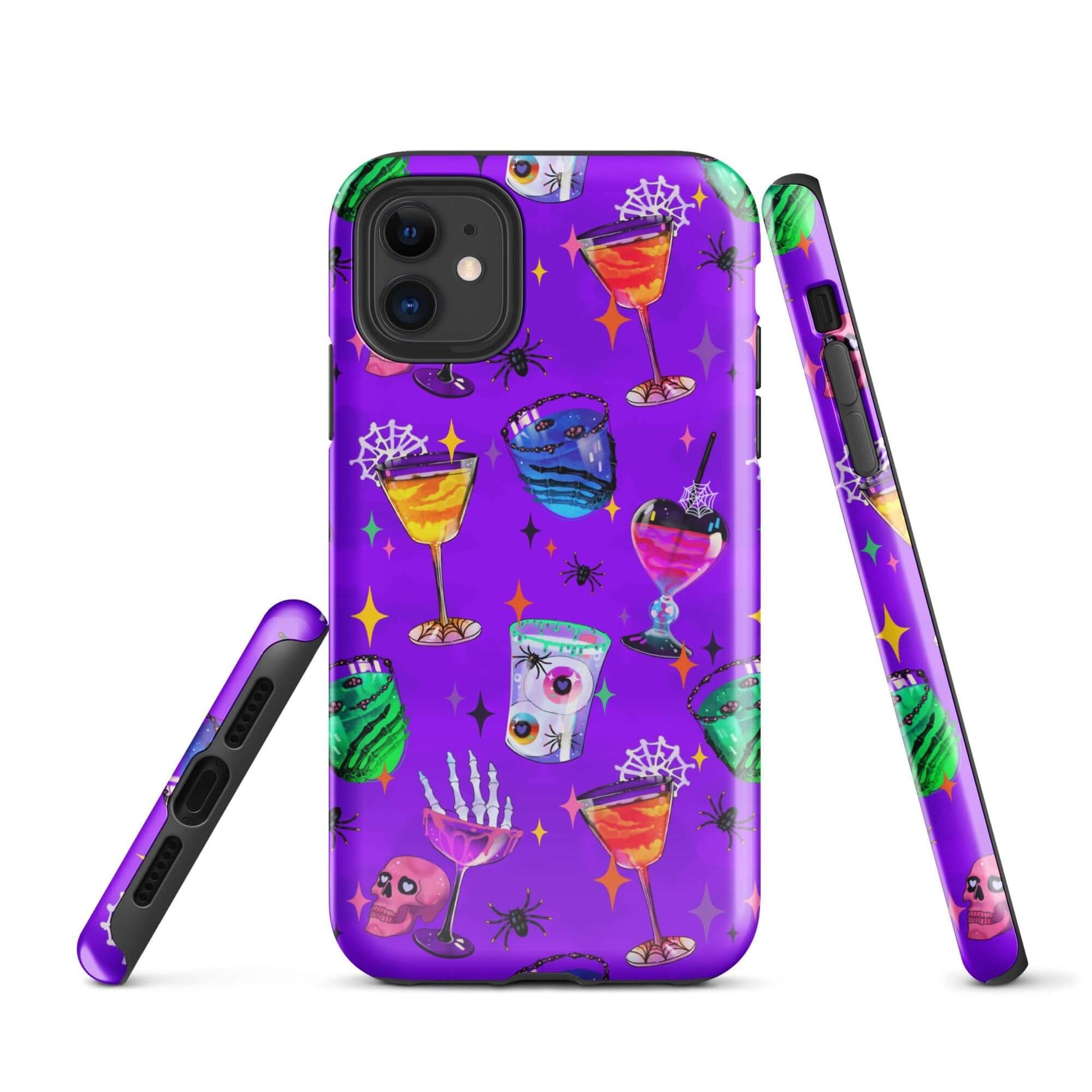 Colorful Monster Party iPhone® Tough Case featuring drinks and spooky designs, offering stylish protection year-round.