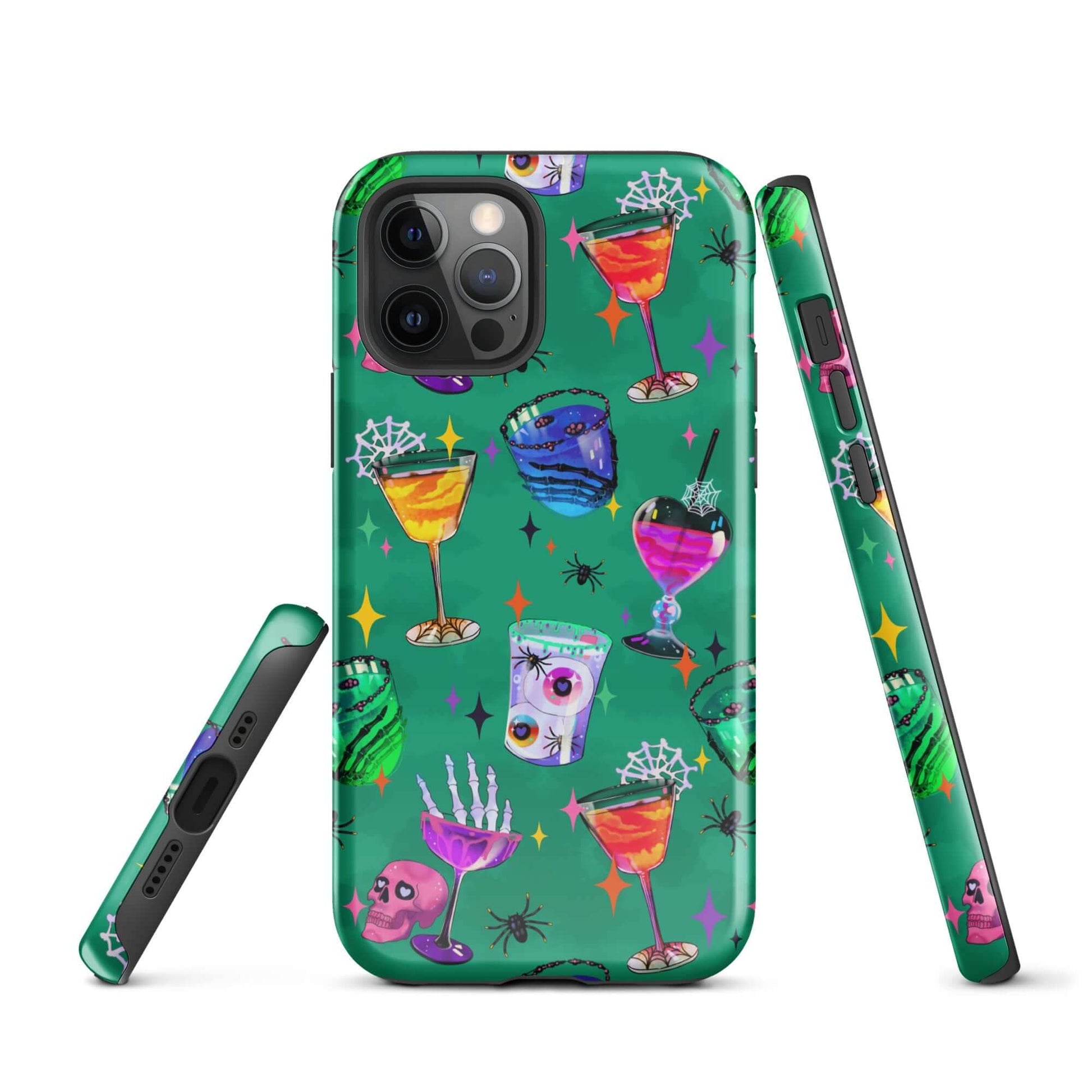 Colorful Monster Party iPhone® Tough Case featuring fun drink and skull designs, perfect for stylish phone protection.