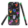 Colorful Monster Party iPhone® Tough Case featuring quirky drink designs, offering durable protection and style.