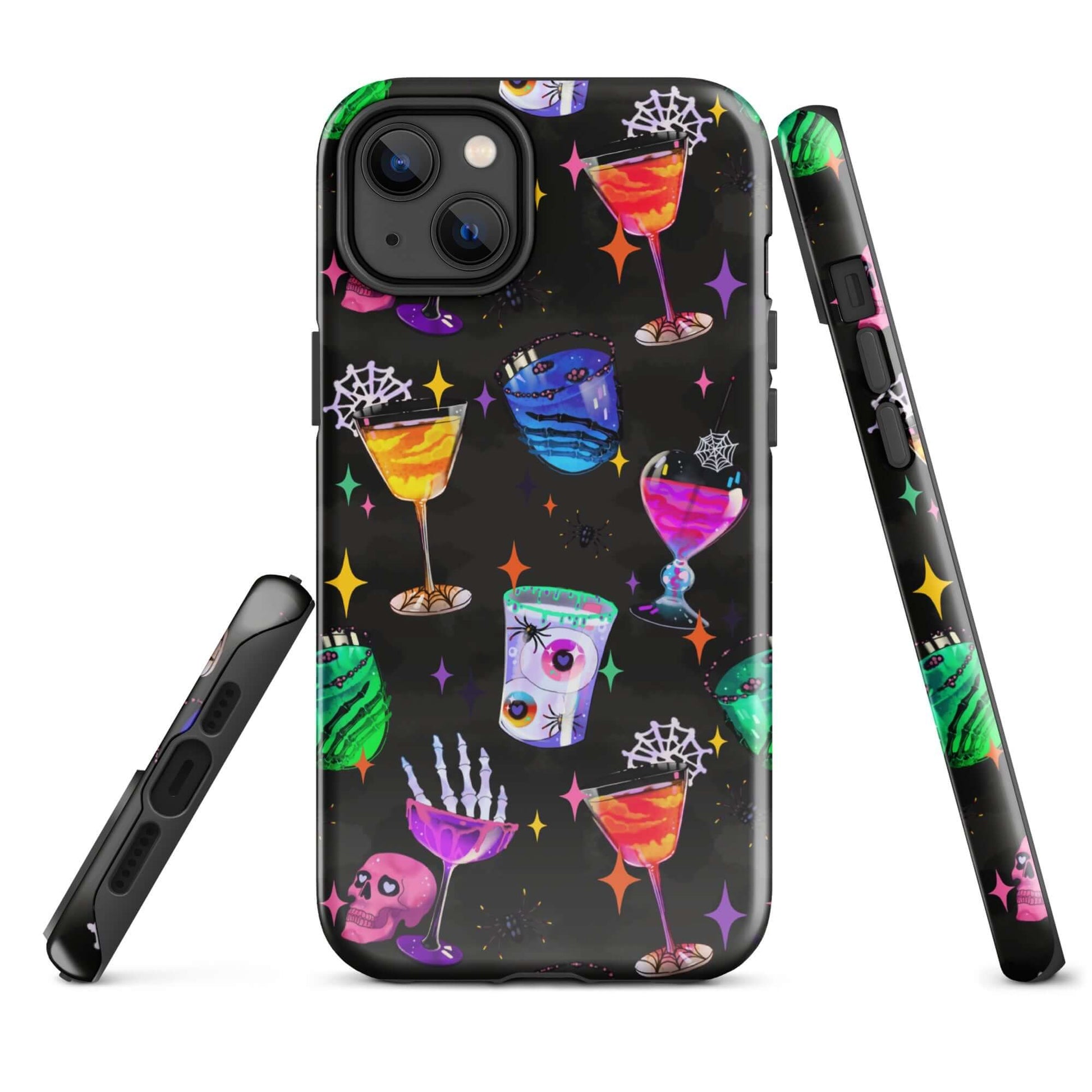 Colorful Monster Party iPhone® Tough Case featuring quirky drink designs, offering durable protection and style.