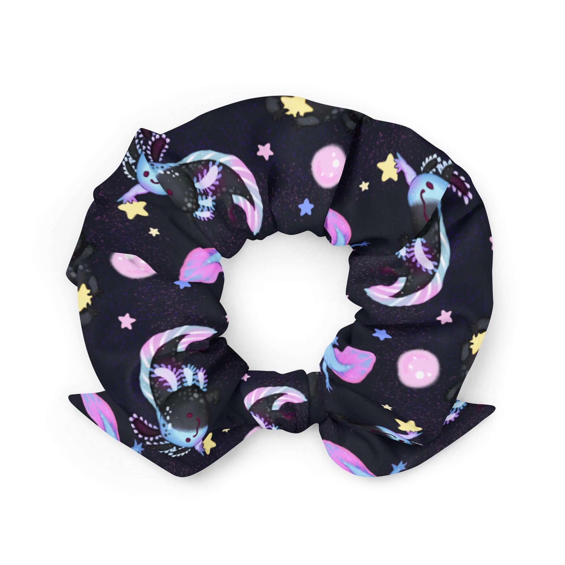 Trendy Axolotl Scrunchie featuring adorable axolotl designs, perfect for stylish hair and outfit matching!