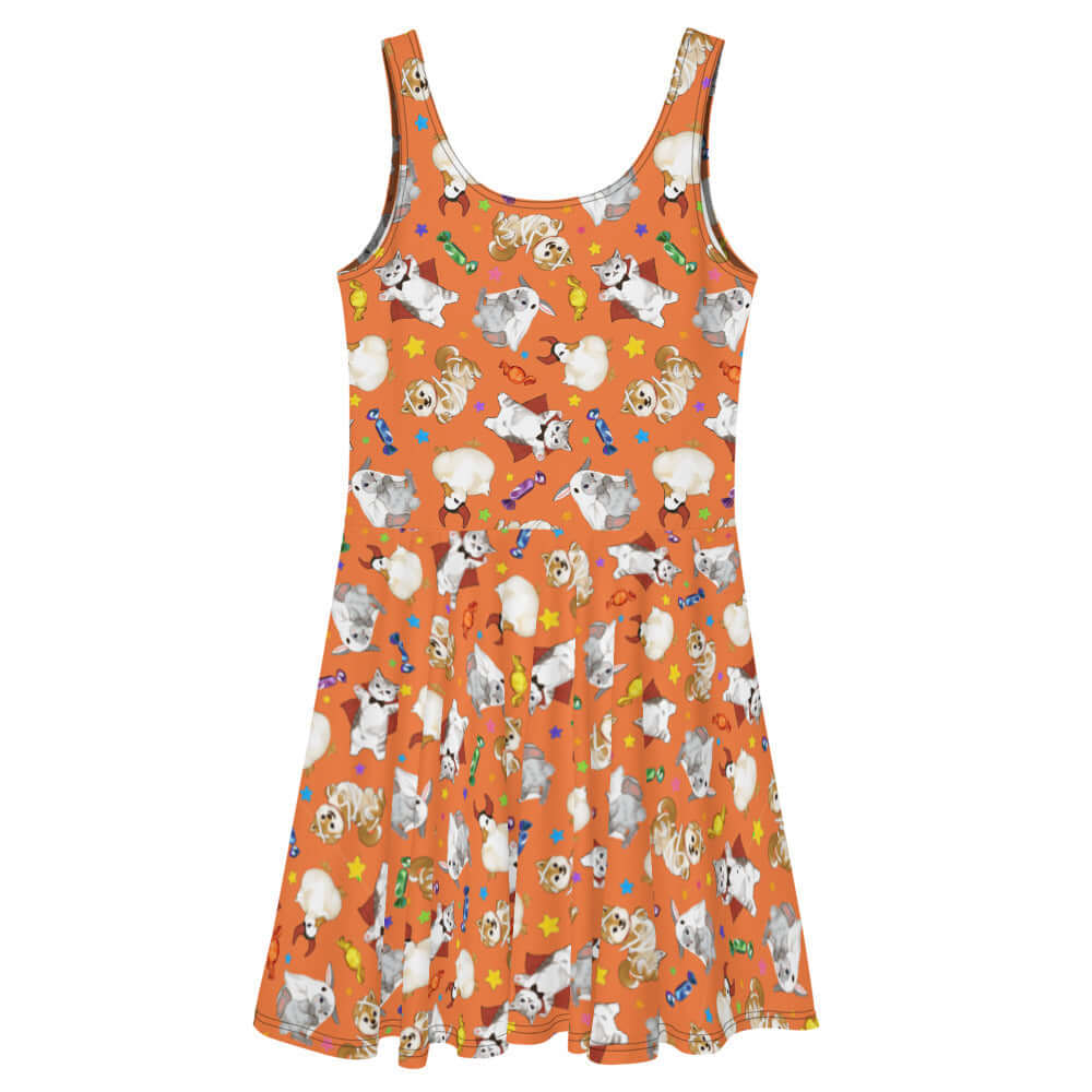 Trick or Treaters Skater Dress features playful Halloween designs, perfect for festive fun any time of year.