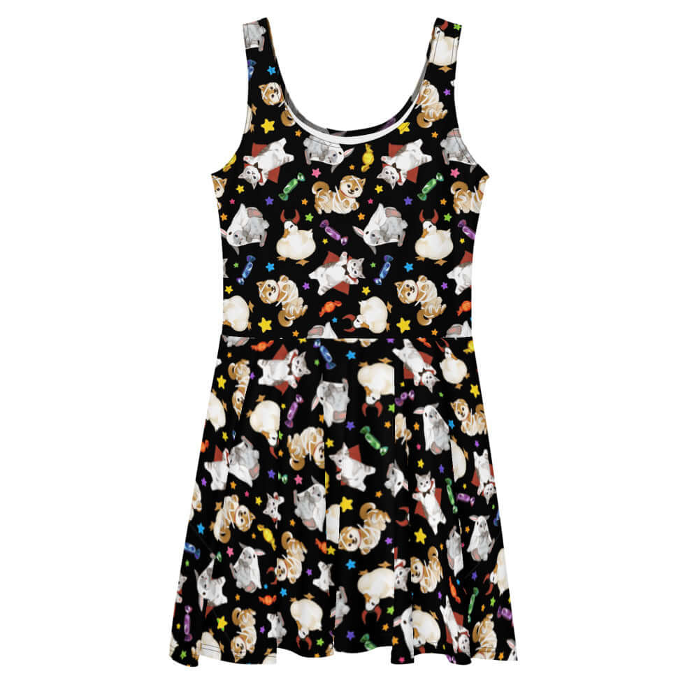Trick or Treaters Skater Dress features playful Halloween prints, perfect for celebrating year-round at your favorite store.