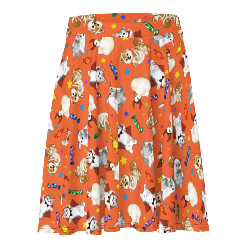 Bright orange Trick or Treaters Skater Skirt features playful pet designs, perfect for Halloween fun and comfy wear.