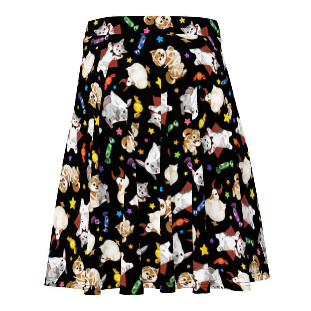 Trick or Treaters Skater Skirt features playful pets and candy, perfect for Halloween festivities and fun styles.