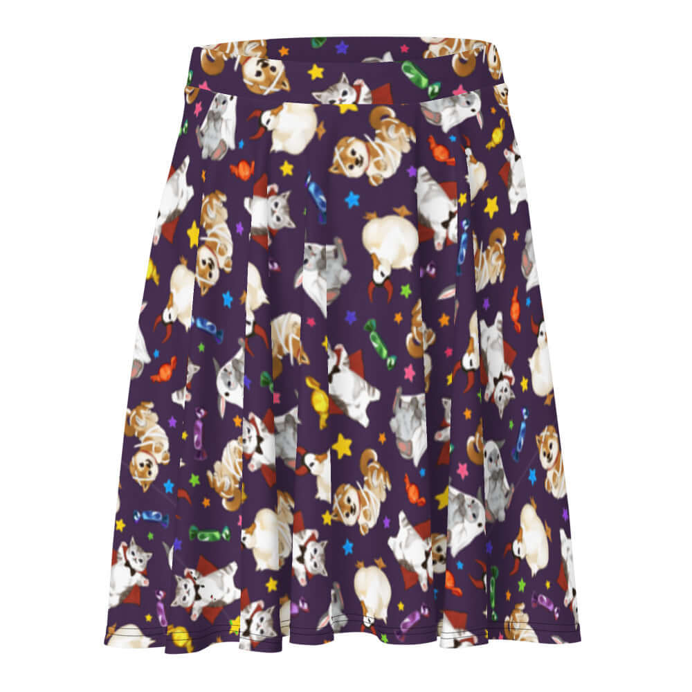 Trick or Treaters Skater Skirt featuring playful pet designs, perfect for Halloween fun and a flattering silhouette.