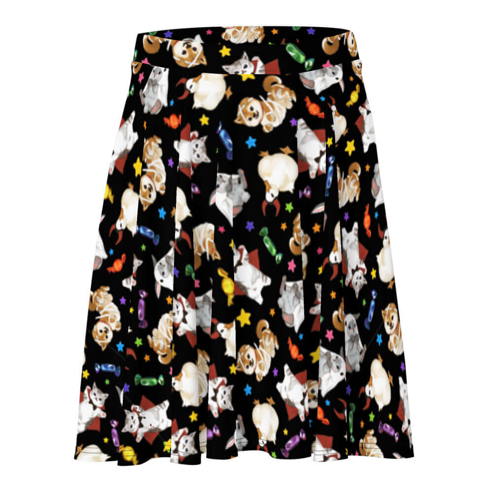 Trick or Treaters Skater Skirt features playful pets and candy, perfect for Halloween fun and festive styling.