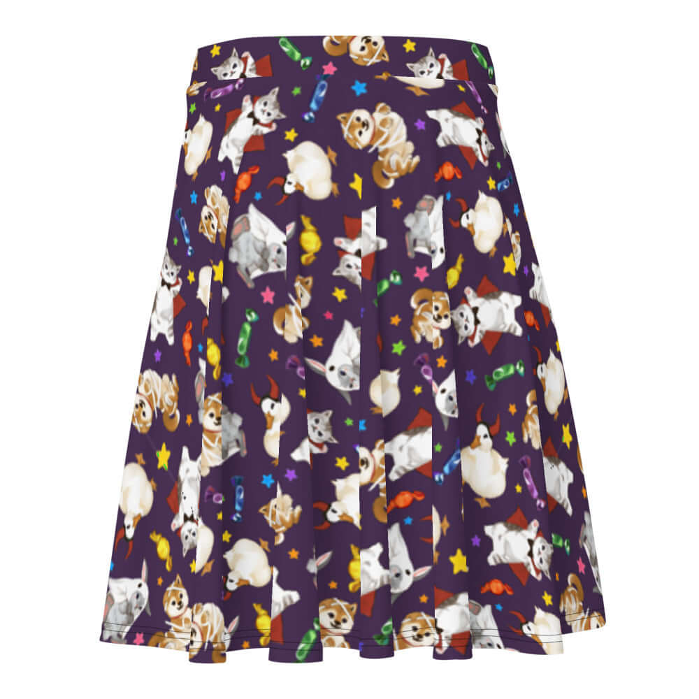 Cute Trick or Treaters Skater Skirt with playful pets and Halloween themes, perfect for festive fun and stylish flair.