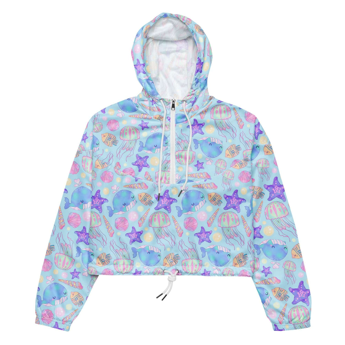 Lightweight and stylish, the Under the Sea cropped windbreaker is perfect for adventures, featuring adjustable drawcords.