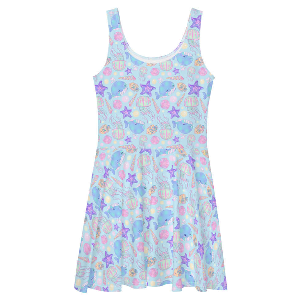 Adorable Under the Sea Skater Dress with vibrant sea creature prints, perfect for beach outings or casual strolls.