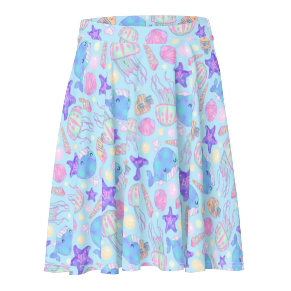 Flattering Under the Sea Skater Skirt in soft fabric features a fun ocean-themed print and comfy elastic waistband.