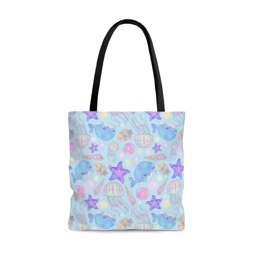 Colorful Under the Sea Tote Bag featuring cute marine life, perfect for gym, beach, or travel adventures.
