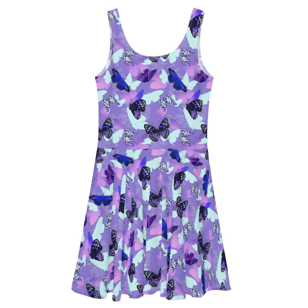 Vibrant Butterfly Skater Dress with a flared skirt showcases intricate butterfly designs perfect for any occasion.