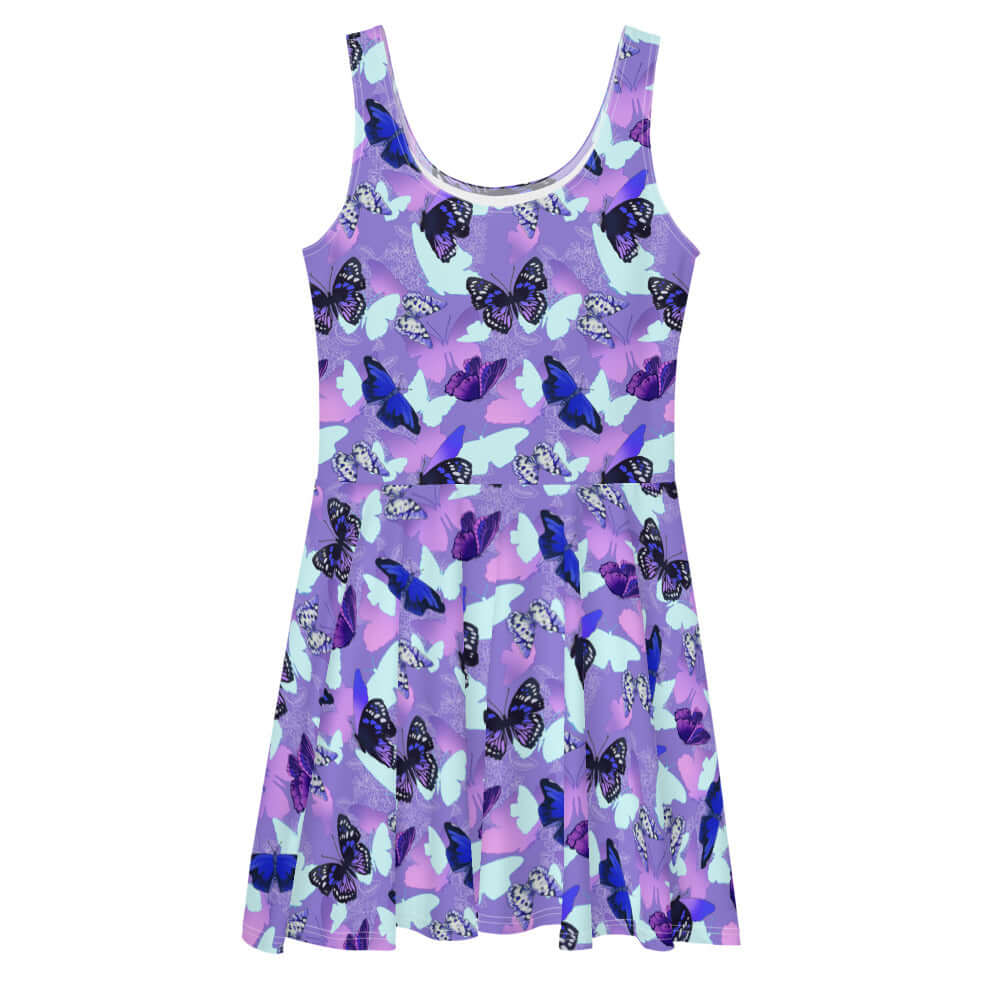 Vibrant Butterfly Skater Dress featuring a flared skirt and intricate butterfly design, perfect for a girly look.