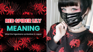 Red spider lily print beside a model wearing the Higanbana sweatshirt