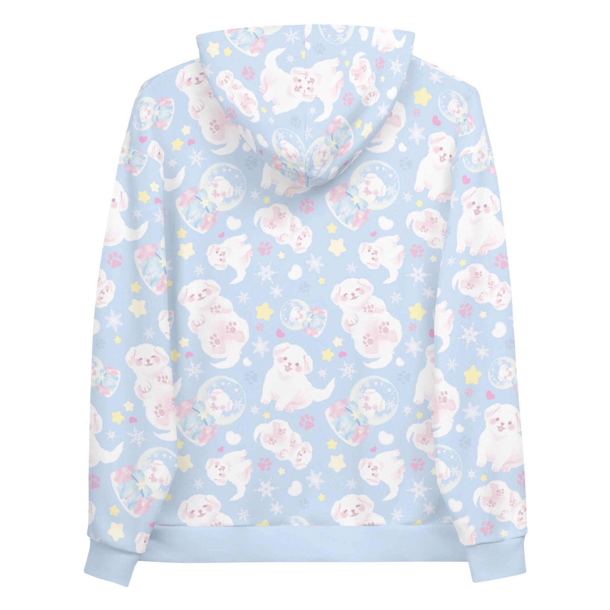 Cozy Snow Puppy Hoodie featuring playful puppies on a soft, pastel blue background, perfect for any outfit.