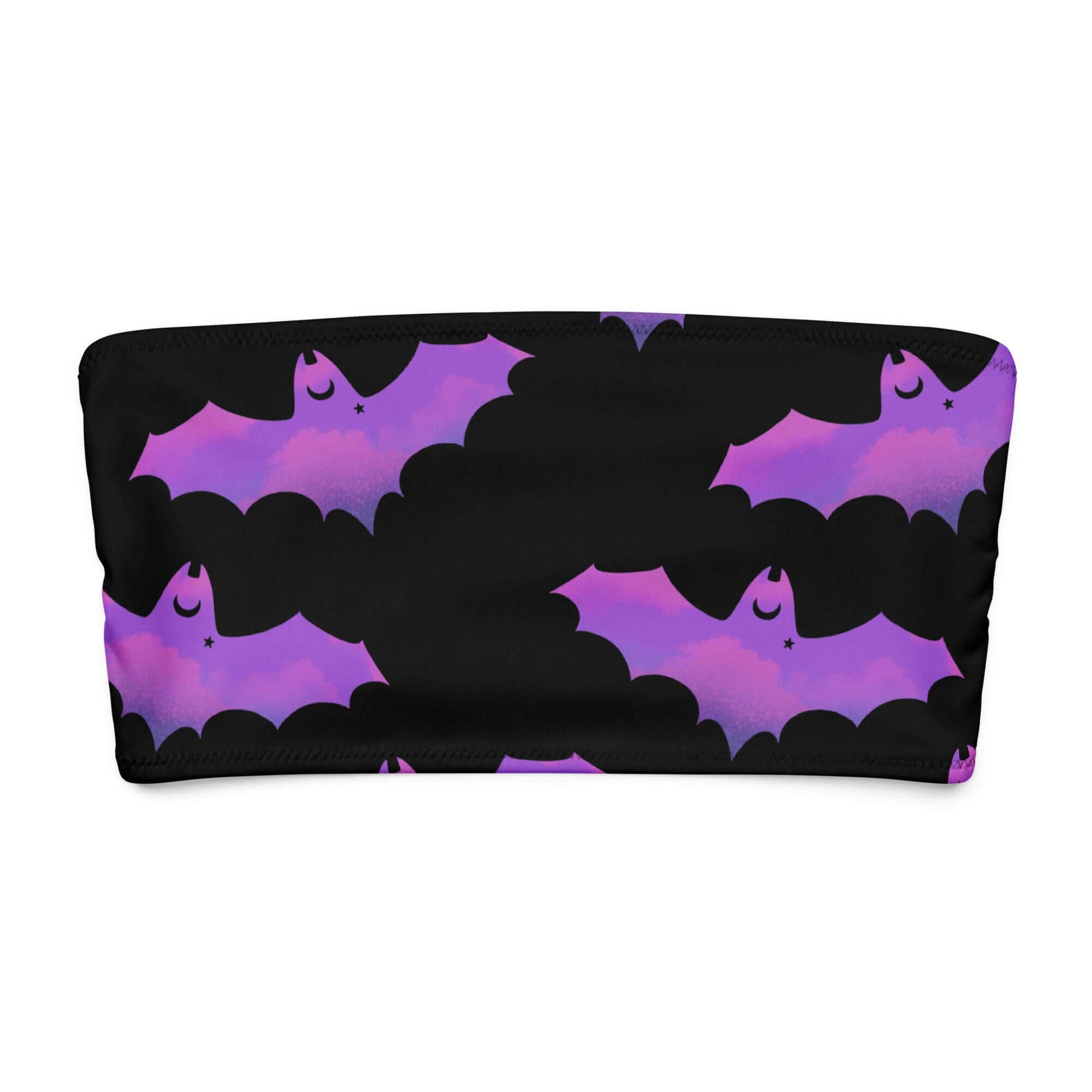 Colorful bandeau bikini top with fun bat pattern in pink and black for playful summer vibes.