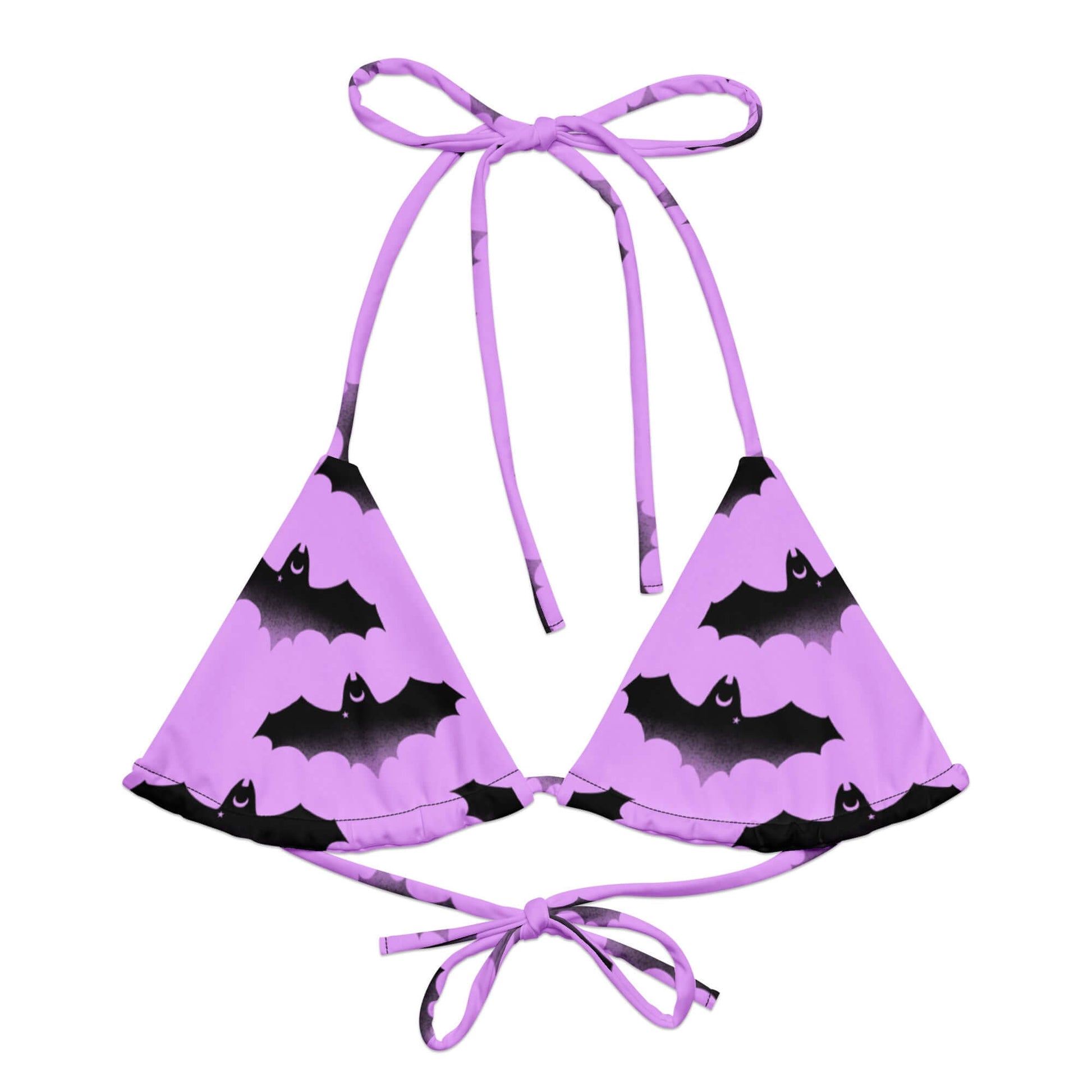 Aensland Padded String Bikini Top features a fun bat print, made from eco-friendly materials for stylish summer wear.