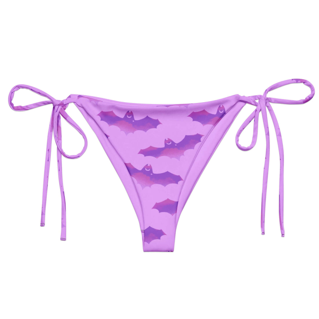 Aensland String Bikini Bottom in vibrant purple with bat print, perfect for sunbathing by the poolside.