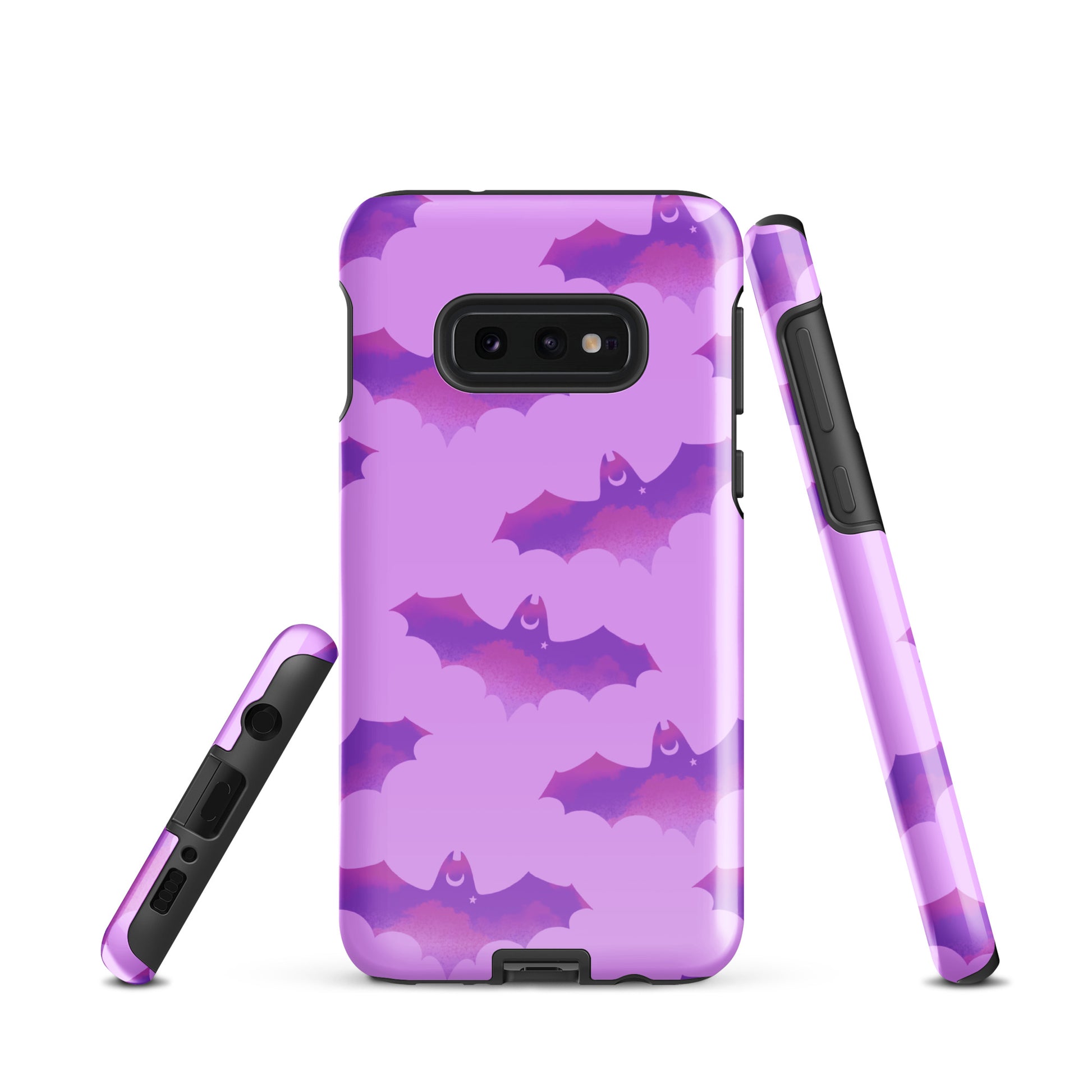 Stylish Aensland Samsung® Tough Case features a purple bat design, providing durable protection for your Galaxy S10e.