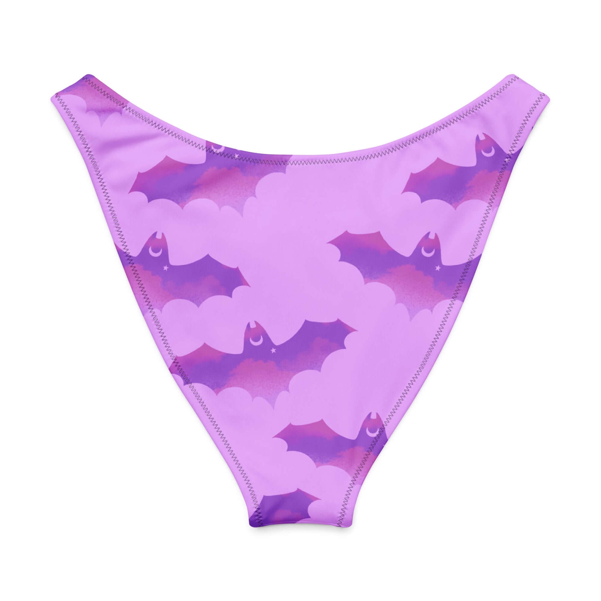 Aensland V-cut bikini bottom in purple with playful bat and cloud pattern, perfect for summer fun and sun protection.