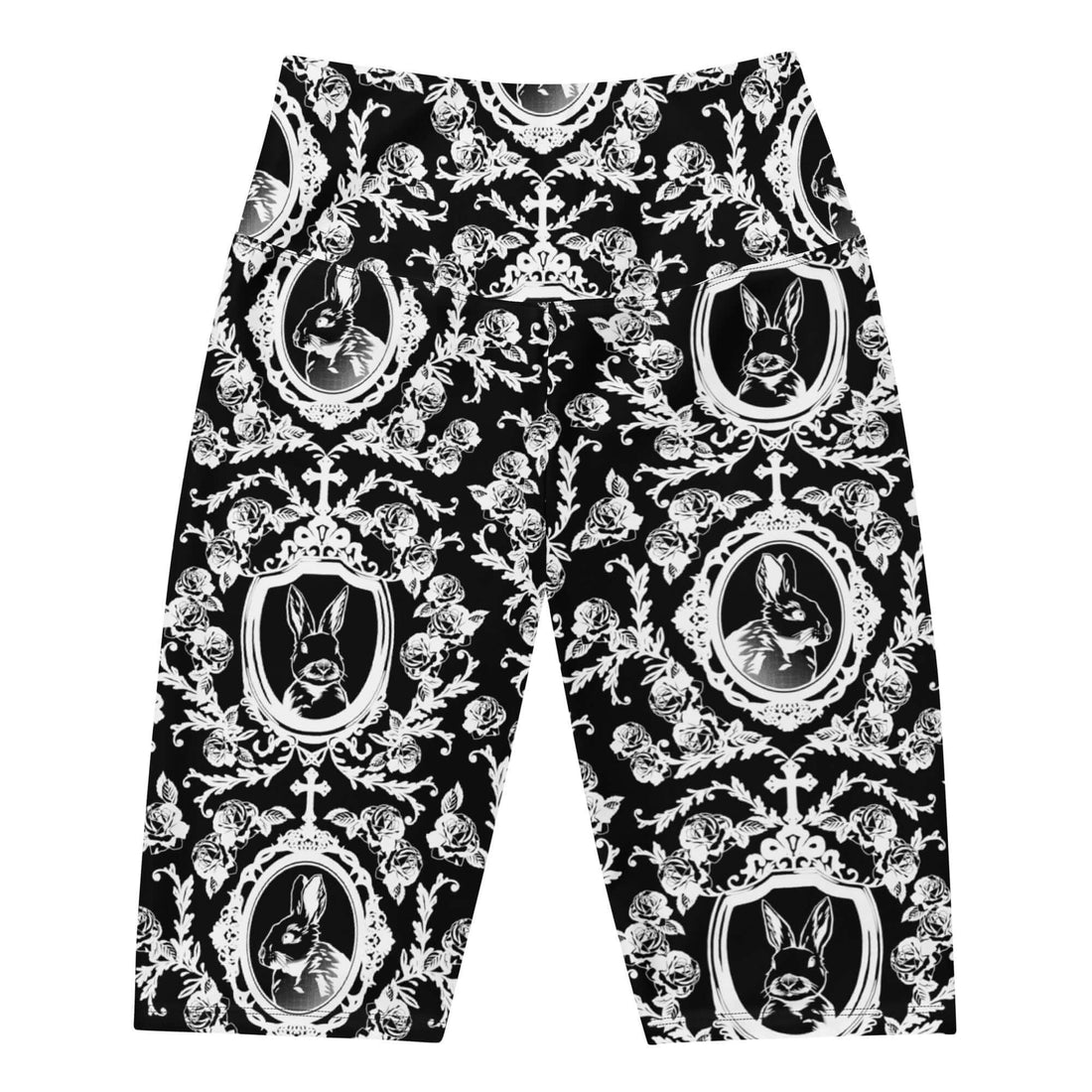 Stylish Queen's Beloved Bunny Biker Shorts feature a unique black and white floral design, perfect for any outfit.