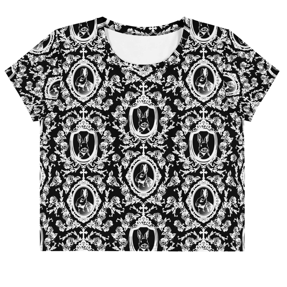 Elevate your style with the Queen's Beloved Bunny Crop Top featuring elegant black-and-white motifs. Perfect for any outfit!